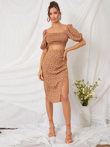 allover print puff sleeve & split thigh skirt set o7tg#, White 
allover print puff sleeve & split thigh skirt set o7tg#, White