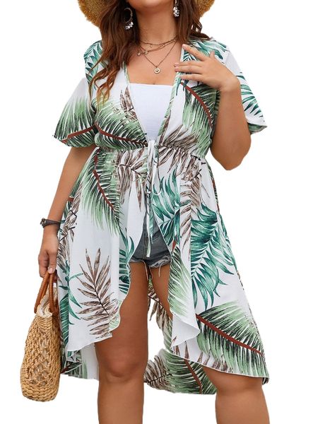 plus tropical print knot front kimono c5jx#, Black;gray