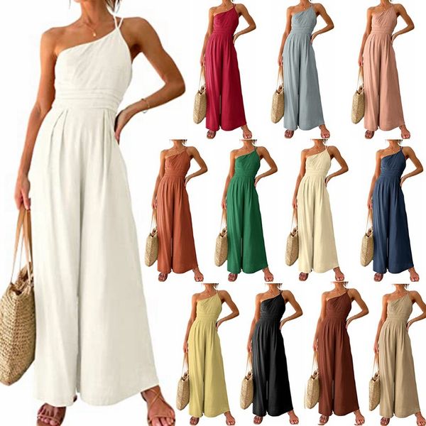women's jumpsuits rompers 2022 european beauty product single shoulder strap pleated high waist casual wide leg jumpsuit, Black;white
women's jumpsuits rompers 2022 european beauty product single shoulder strap pleated high waist casual wide leg jumpsuit, Black;white