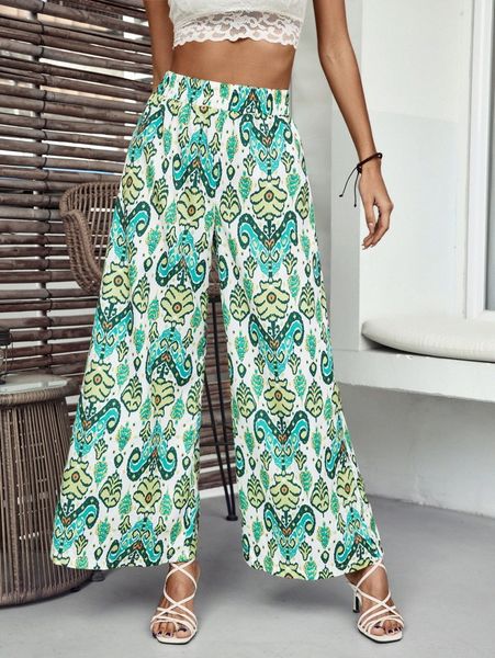 allover print wide leg pants 64ek#, Black;white