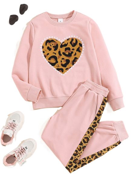 girls leopard & heart print pullover & sweatpants p6sc#, Black;white 
girls leopard & heart print pullover & sweatpants p6sc#, Black;white