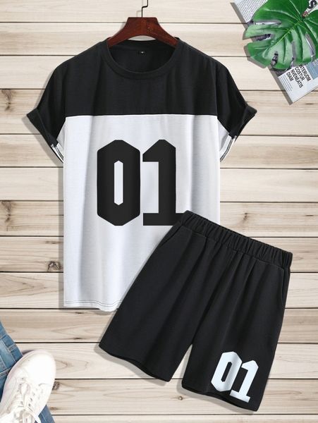 men number print two tone tee & shorts 23y1#, Gray
men number print two tone tee & shorts 23y1#, Gray
