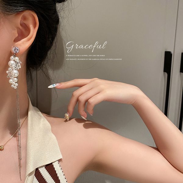 925 silver needle zircon pearl crystal tassel earrings korean super fairy long slim face eardrop women, Golden
925 silver needle zircon pearl crystal tassel earrings korean super fairy long slim face eardrop women, Golden