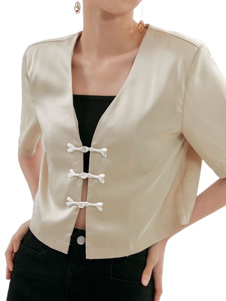 dazy solid frog button front blouse d9bj#, White