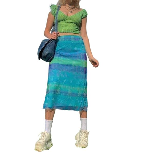 skirts women summer boho beach floral/stripes print patchwork slim bodycon midi skirt high waist bottoms mesh semi-dress w92u#, Black