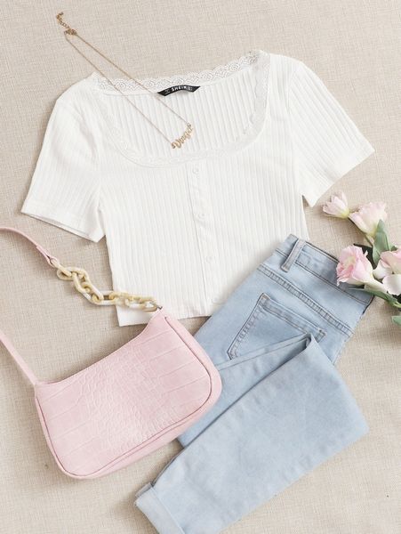 lace trim button front s3m8#, White
lace trim button front s3m8#, White