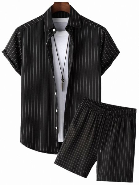 men vertical striped shirt & drawstring waist shorts without tee d4lx#, Gray