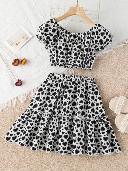 girls heart print puff sleeve & frill trim skirt she, White
girls heart print puff sleeve & frill trim skirt she, White