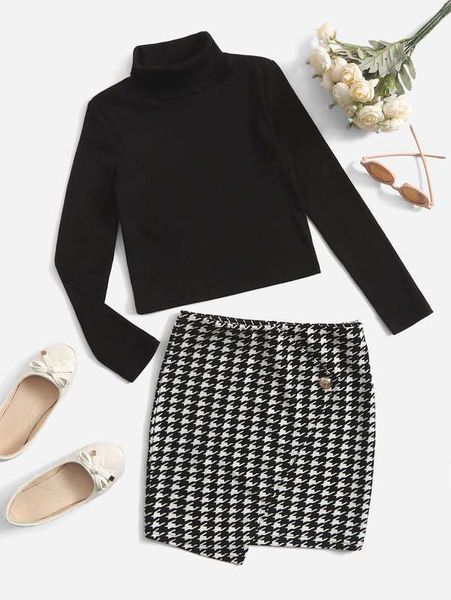 girls turtleneck tee & houndstooth print asymmetrical skirt she, White