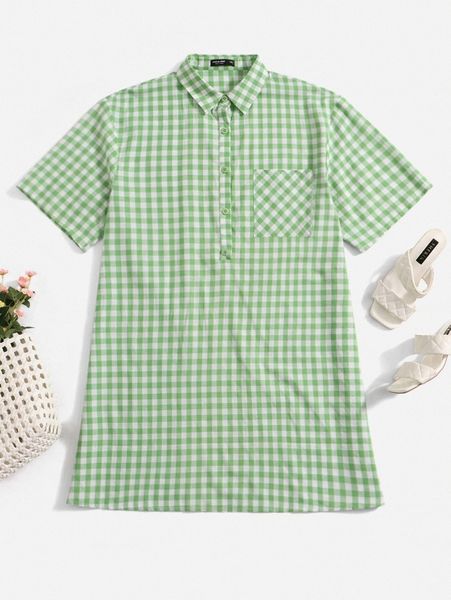 plus gingham drop shoulder patched pocket shirt dress 606f#, Black