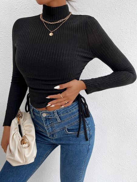 high neck ribbed knot side tee t3kp#, White
high neck ribbed knot side tee t3kp#, White