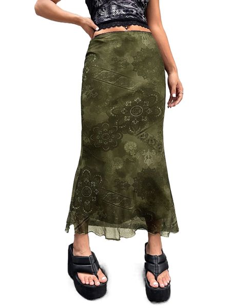floral print lettuce trim mesh skirt y2ts#, Black 
floral print lettuce trim mesh skirt y2ts#, Black
