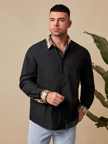 extended sizes men plaid contrast collar shirt z9he#, White;black 
extended sizes men plaid contrast collar shirt z9he#, White;black