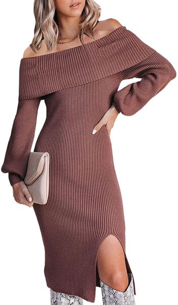 women's off the shoulder bodycon sweater dress elegant long sleeve ribbed knit midi dress with slit a2zi#, Black;gray 
women's off the shoulder bodycon sweater dress elegant long sleeve ribbed knit midi dress with slit a2zi#, Black;gray