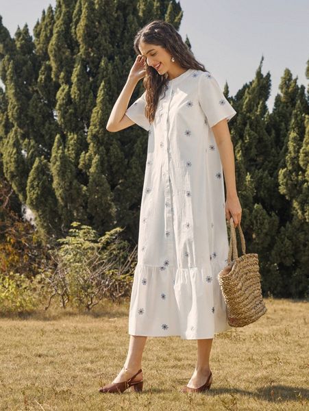 embroidery floral smock dress f6vl#, Black;gray
