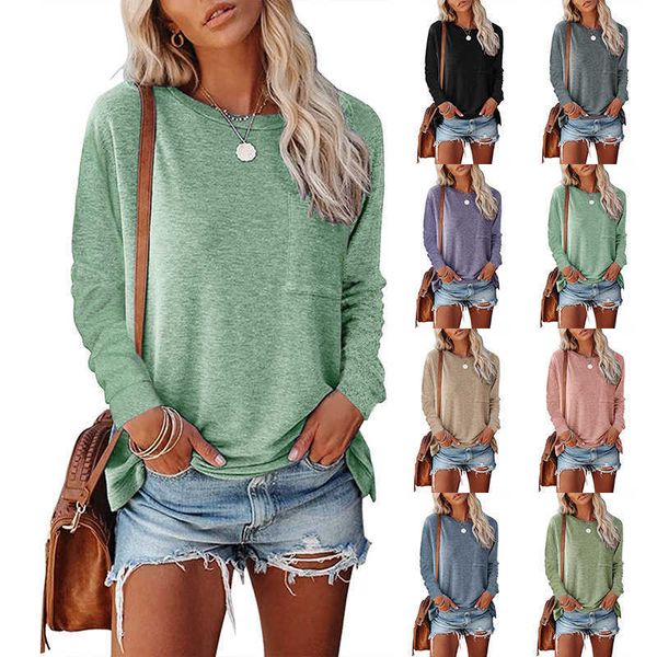 2022 women's round neck pocket split long sleeve casual loose bottomed t-shirt, White
2022 women's round neck pocket split long sleeve casual loose bottomed t-shirt, White