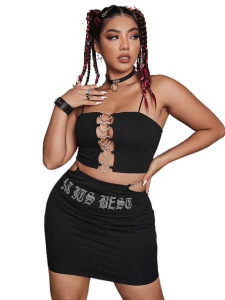 plus rhinestone detail crop cami b6me#, Black