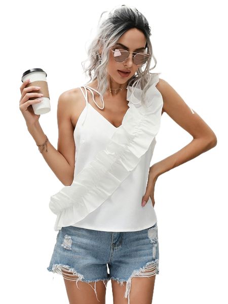 asymmetrical neck ruffle trim blouse 01q5#, White