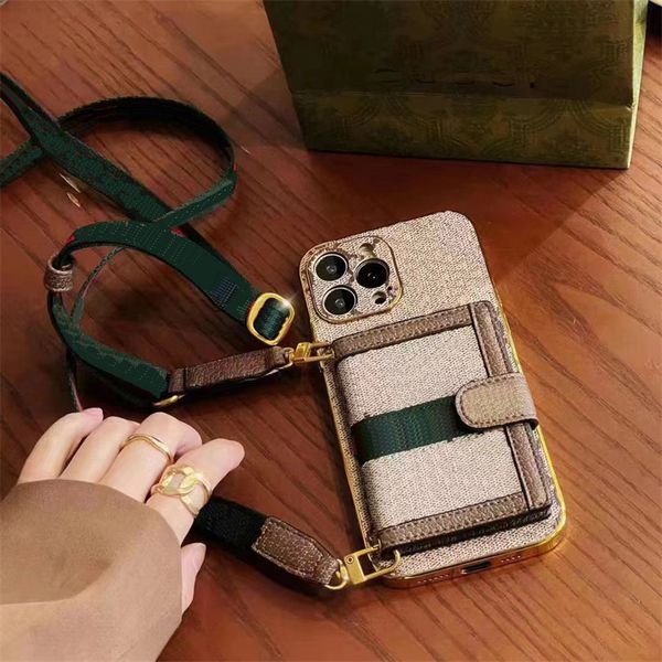 Image of Designer Card Holder Phone Cases for iPhone 11 12 13 14 15 pro max Electroplated Handbag Case with lanyard