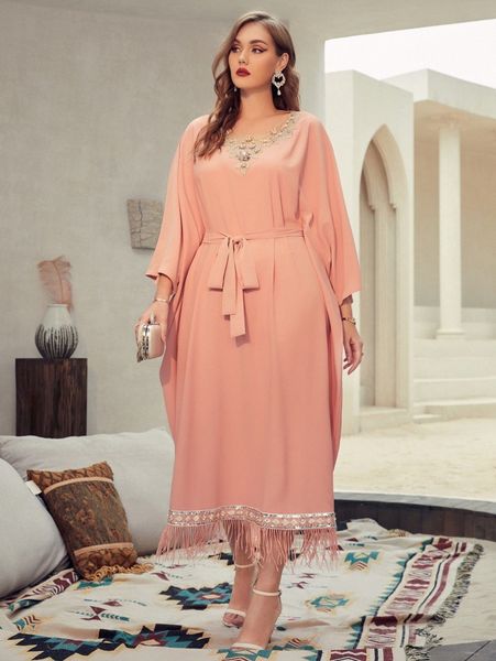 plus floral embroidery pearls beaded sequin decor fringe hem belted dress b6co#, Black
plus floral embroidery pearls beaded sequin decor fringe hem belted dress b6co#, Black