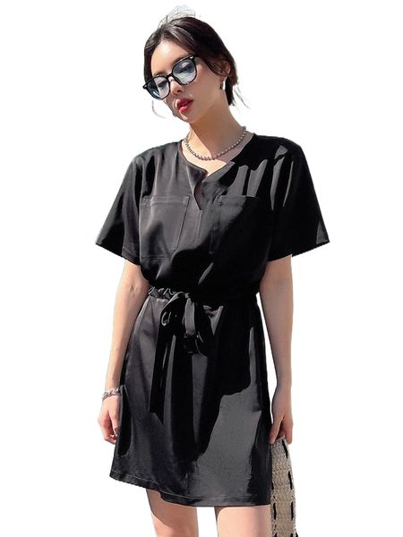 dazy patched pocket notched neck drawstring waist dress u9fr#, Black;gray 
dazy patched pocket notched neck drawstring waist dress u9fr#, Black;gray