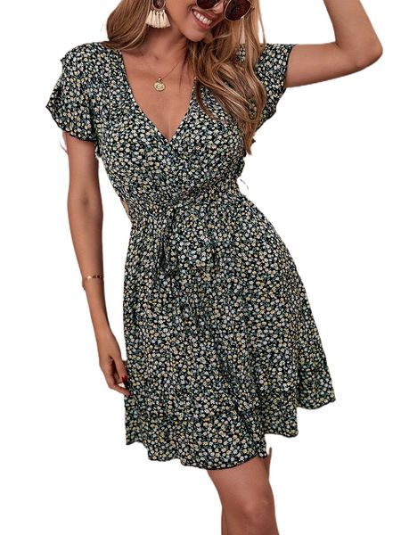 ditsy floral overlap collar flutter sleeve ruffle hem belted dress b046#, Black;gray
ditsy floral overlap collar flutter sleeve ruffle hem belted dress b046#, Black;gray