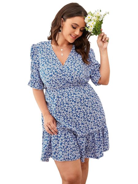 plus ditsy floral print surplice neck ruffle hem dress i90c#, Black