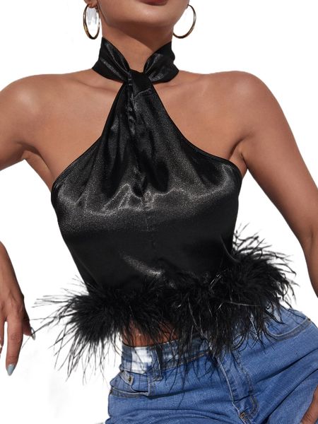 fuzzy hem twist halter satin o2ua#, White
fuzzy hem twist halter satin o2ua#, White