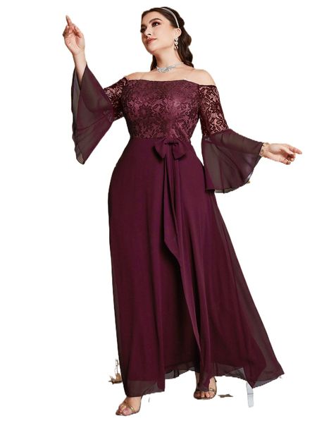 plus off shoulder contrast lace trumpet sleeve knot chiffon prom dress l0rd#, Black
plus off shoulder contrast lace trumpet sleeve knot chiffon prom dress l0rd#, Black