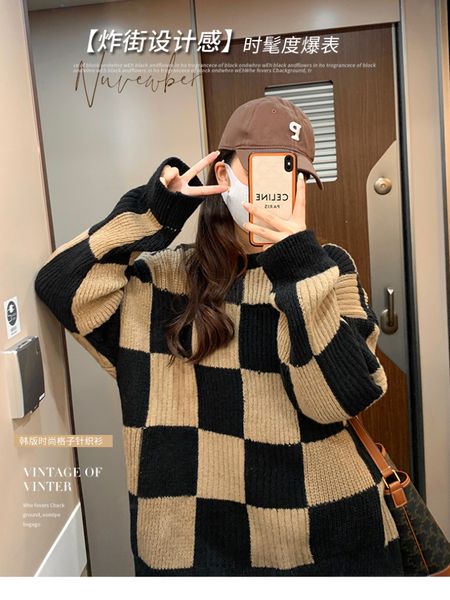 jmprs checkerboard sweater women fall winter retro long sleeve knitted jumpers korean fashion baggies oversized pullovers 220816, White;black
jmprs checkerboard sweater women fall winter retro long sleeve knitted jumpers korean fashion baggies oversized pullovers 220816, White;black