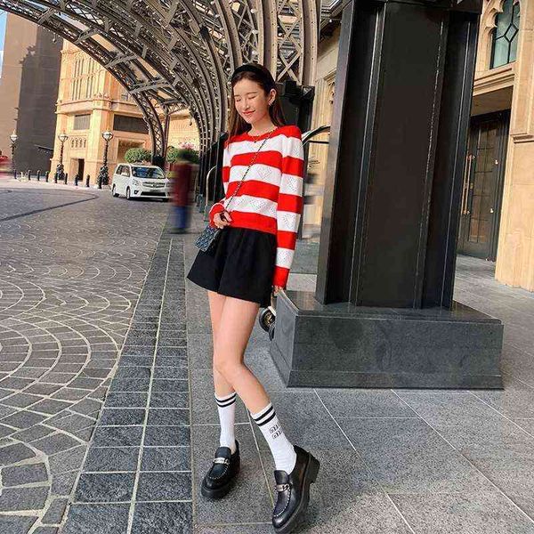 imitation cotton thin red stripe sweater women's spring autumn winter short pullover round neck loose leakage, White
imitation cotton thin red stripe sweater women's spring autumn winter short pullover round neck loose leakage, White