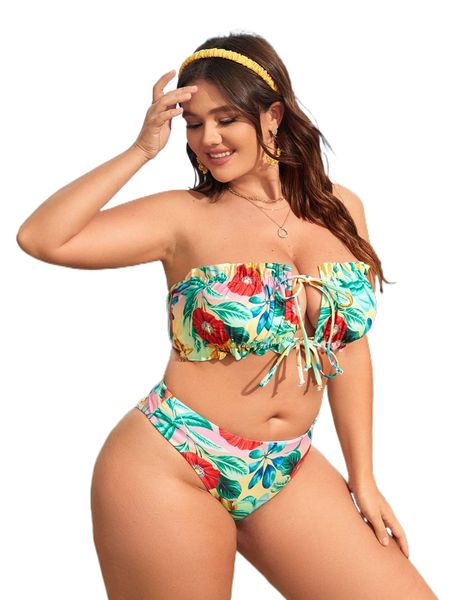 plus floral print knot front frill trim high waist bikini swimsuit t1ek#, White;black
plus floral print knot front frill trim high waist bikini swimsuit t1ek#, White;black
