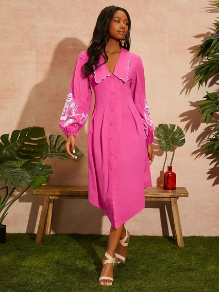 floral embroidery lantern sleeve fold pleated dress a1y9#, Black;gray
floral embroidery lantern sleeve fold pleated dress a1y9#, Black;gray