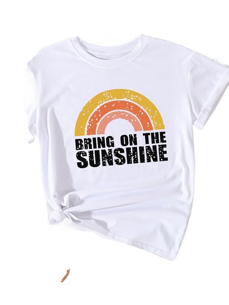 slogan & rainbow print tee c0j0#, White 
slogan & rainbow print tee c0j0#, White