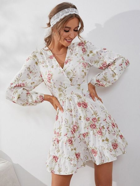 floral print lantern sleeve overlap collar ruffle hem dress u9id#, Black;gray
floral print lantern sleeve overlap collar ruffle hem dress u9id#, Black;gray