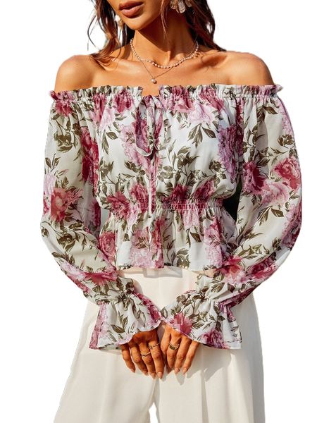off the shoulder floral print flounce sleeve blouse g57r#, White 
off the shoulder floral print flounce sleeve blouse g57r#, White