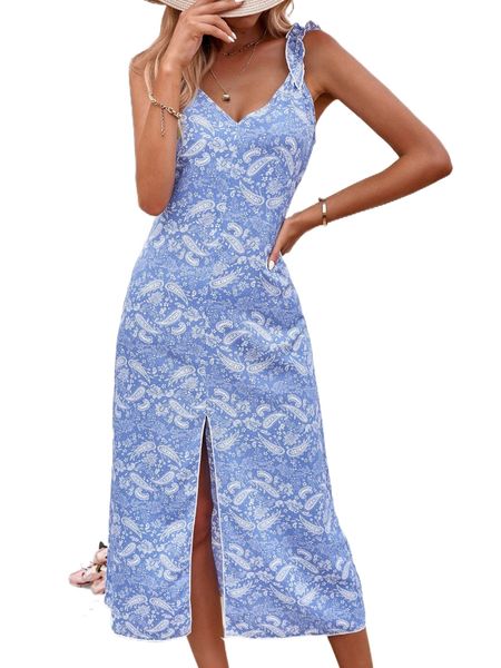 paisley & floral print split hem dress 66hd#, Black;gray