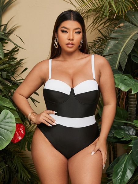 plus colorblock push up one piece swimsuit u8kc#, White;black 
plus colorblock push up one piece swimsuit u8kc#, White;black