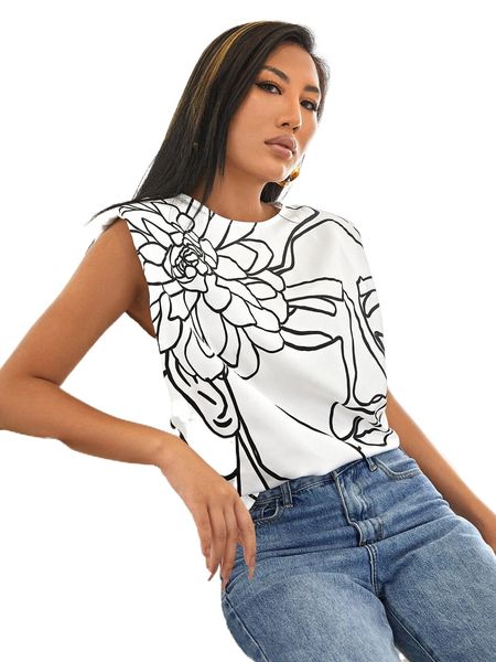 x lilee shoulder pad abstract print q5sj#, White 
x lilee shoulder pad abstract print q5sj#, White