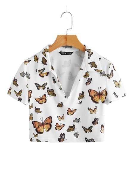 allover butterfly print tee 427p#, White 
allover butterfly print tee 427p#, White