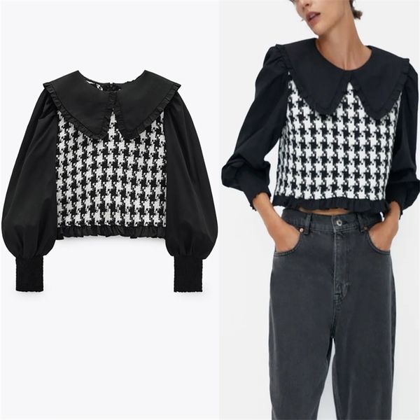 za patchwork tweed crop blouse women long puff sleeve peter pan collar vintage shirts woman fashion ruffle black short 210401, White
za patchwork tweed crop blouse women long puff sleeve peter pan collar vintage shirts woman fashion ruffle black short 210401, White