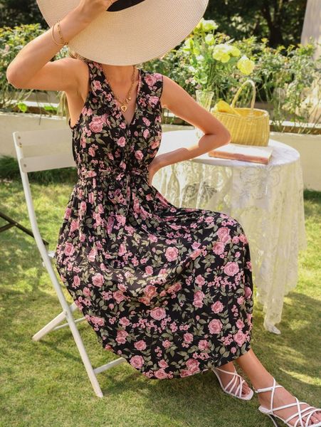 allover floral print ruffle trim pleated belted dress 27cw#, Black;gray 
allover floral print ruffle trim pleated belted dress 27cw#, Black;gray