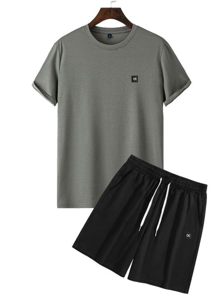 men letter patch detail tee & drawstring waist shorts l3pa#, Gray
men letter patch detail tee & drawstring waist shorts l3pa#, Gray