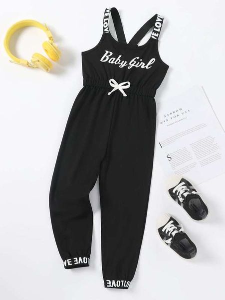 toddler girls letter graphic contrast tape bow front jumpsuit she, Blue 
toddler girls letter graphic contrast tape bow front jumpsuit she, Blue