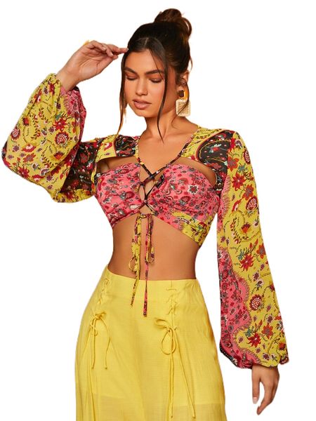 floral print lace up front cut out lantern sleeve crop blouse k7fb#, White
floral print lace up front cut out lantern sleeve crop blouse k7fb#, White