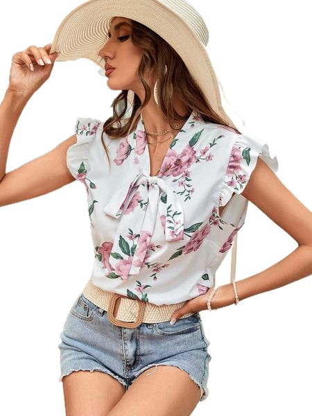 floral print ruffle trim tie neck blouse n9s6#, White