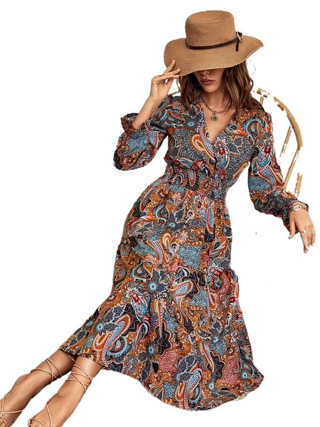 random floral & paisley print flounce sleeve shirred ruffle hem dress j3fb#, Black;gray
random floral & paisley print flounce sleeve shirred ruffle hem dress j3fb#, Black;gray