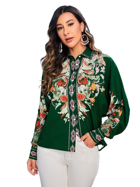 floral print button front blouse 78u1#, White
