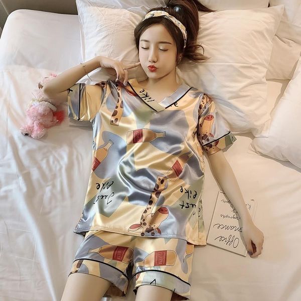 home clothes for women sleepwear pajamas with shorts summer thin short-sleeved korean sweet lovely v-neck silk 2 piece pajama set, Black;red
home clothes for women sleepwear pajamas with shorts summer thin short-sleeved korean sweet lovely v-neck silk 2 piece pajama set, Black;red