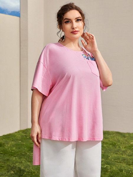 plus drop shoulder floral & butterfly print patch pocket high low tee k5s2#, Black
plus drop shoulder floral & butterfly print patch pocket high low tee k5s2#, Black